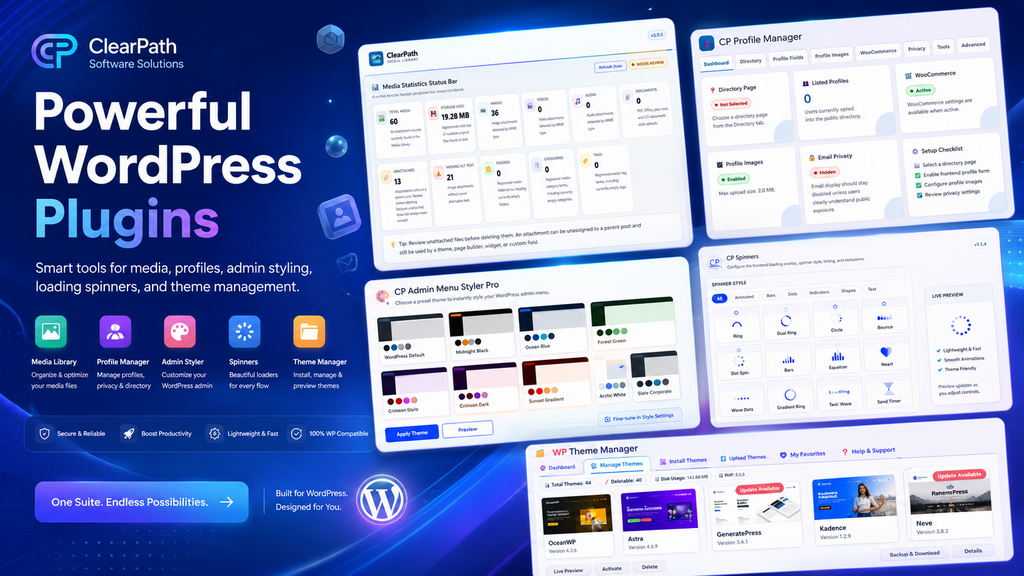 ClearPath WordPress plugin dashboards for media, profiles, styling, and site management